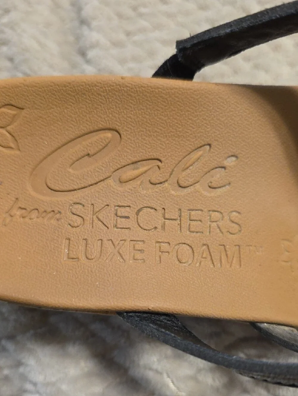 Skechers Black Strappy Wedge Sandals with Tan Cork-Look Heel